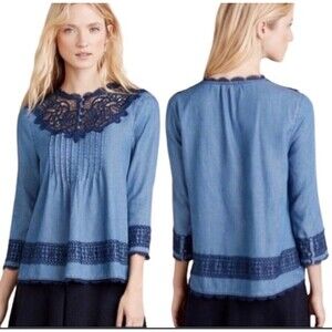 Anthropologie Holding Horses Blouse Sz 4 Blue Chambray Crochet Lace Pintuck…